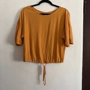 FREE PEOPLE FP Beach Mustard Yellow Ribbed Cinch waist Short Sleeve Top Medium